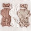 Baby Girl Wood Ear Design Solid Color Long-Sleeved Round Collar Tops Combo Shorts Cotton Sets