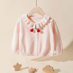 Baby Girl Solid Color Hollow Carved Design Cherry Patched Cardigan (Color: pink, Size/Age: 100 (2-3Y))