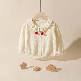 Baby Girl Solid Color Hollow Carved Design Cherry Patched Cardigan (Color: White, Size/Age: 90 (12-24M))