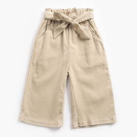 Baby Girl Solid Color Bow Tie Design Corduroy Nine Point Wide Leg Pants (Color: Khaki, Size/Age: 110 (3-5Y))