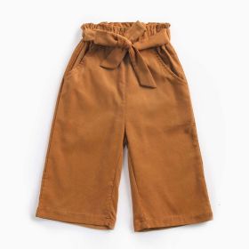 Baby Girl Solid Color Bow Tie Design Corduroy Nine Point Wide Leg Pants (Color: brown, Size/Age: 120 (5-7Y))