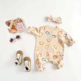 Baby Girl Smiley Print Pattern Single Breasted Design Long-Sleeve Rompers With Covered Buttton (Color: Beige, Size/Age: 90 (12-24M))