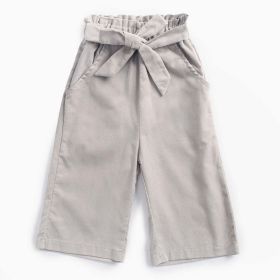 Baby Girl Solid Color Bow Tie Design Corduroy Nine Point Wide Leg Pants (Color: Grey, Size/Age: 120 (5-7Y))