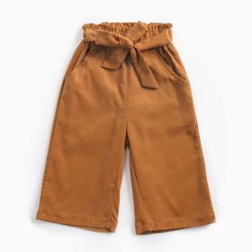 Baby Girl Solid Color Bow Tie Design Corduroy Nine Point Wide Leg Pants (Color: brown, Size/Age: 100 (2-3Y))