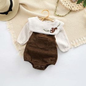 Baby Embroidered Pattern Lapel Cotton Shirt Combo Corduroy Strap Onesies Sets (Color: Coffee, Size/Age: 90 (12-24M))