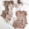 Baby Girl Wood Ear Design Solid Color Sleeveless Round Collar Tops Combo Shorts Sets IN Summer