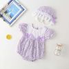 Baby Girl Floral Pattern Lace Patchwork Round Collar Short-Sleeved Colorful Cotton Onesies With Hat