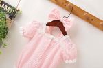 Baby Girl Plaid Pattern Lace Patchwork Design Bubble Short-Sleeved Onesies With Buttons