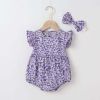 Baby Girl Floral Print Onesies With Headband In Summer Outfit Wearing