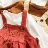 Baby Girl Solid Color Corduroy Fabric Tops Combo Bear Embroidery Straps Dress 2-Piece Sets