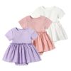 Baby Girls Solid Color Wooden Ear Design Short-Sleeved Dress Onesies In Summer