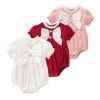 Baby Girls Solid Color Lace Design Puff-Sleeved Fashion Onesies With Bow Decoration In Summer