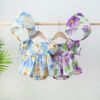 Baby Girls Floral Print Puff Sleeves Design Square Collar Onesies Dress In Summer With Hat