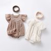 Baby Girls Lace Embroidery Round Collar Fly And Short Sleeve Onesies With Bottons