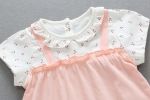 Baby Girls Floral Print Pattern Lace Design Round Collar Short- Sleeved Fake 2-Pieces Rompers In Summer