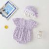 Baby Girl Floral Pattern Lace Patchwork Round Collar Short-Sleeved Colorful Cotton Onesies With Hat