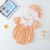 Baby Girl Floral Pattern Lace Patchwork Round Collar Short-Sleeved Colorful Cotton Onesies With Hat