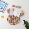 Baby Girl Floral Pattern White Bow Patchwork Square Neck Short Sleeve Onesies