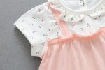 Baby Girls Floral Print Pattern Lace Design Round Collar Short- Sleeved Fake 2-Pieces Rompers In Summer