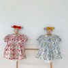 Baby Girls Floral Pattern Lace Patchwork Design Doll Collar Buttoned Puff-Sleeved Dress