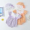 Baby Girl Floral Pattern Lace Patchwork Round Collar Short-Sleeved Colorful Cotton Onesies With Hat