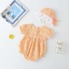 Baby Girl Floral Pattern Lace Patchwork Round Collar Short-Sleeved Colorful Cotton Onesies With Hat