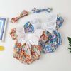 Baby Girl Floral Pattern White Bow Patchwork Square Neck Short Sleeve Onesies